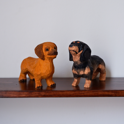 Hand-carved wooden Dachshund sausage dog figurines ornament with personalised name tag – anornament