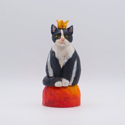 Hand-carved wooden Tuxedo cat figurine with gold crown on painted Mars planet base by anornament