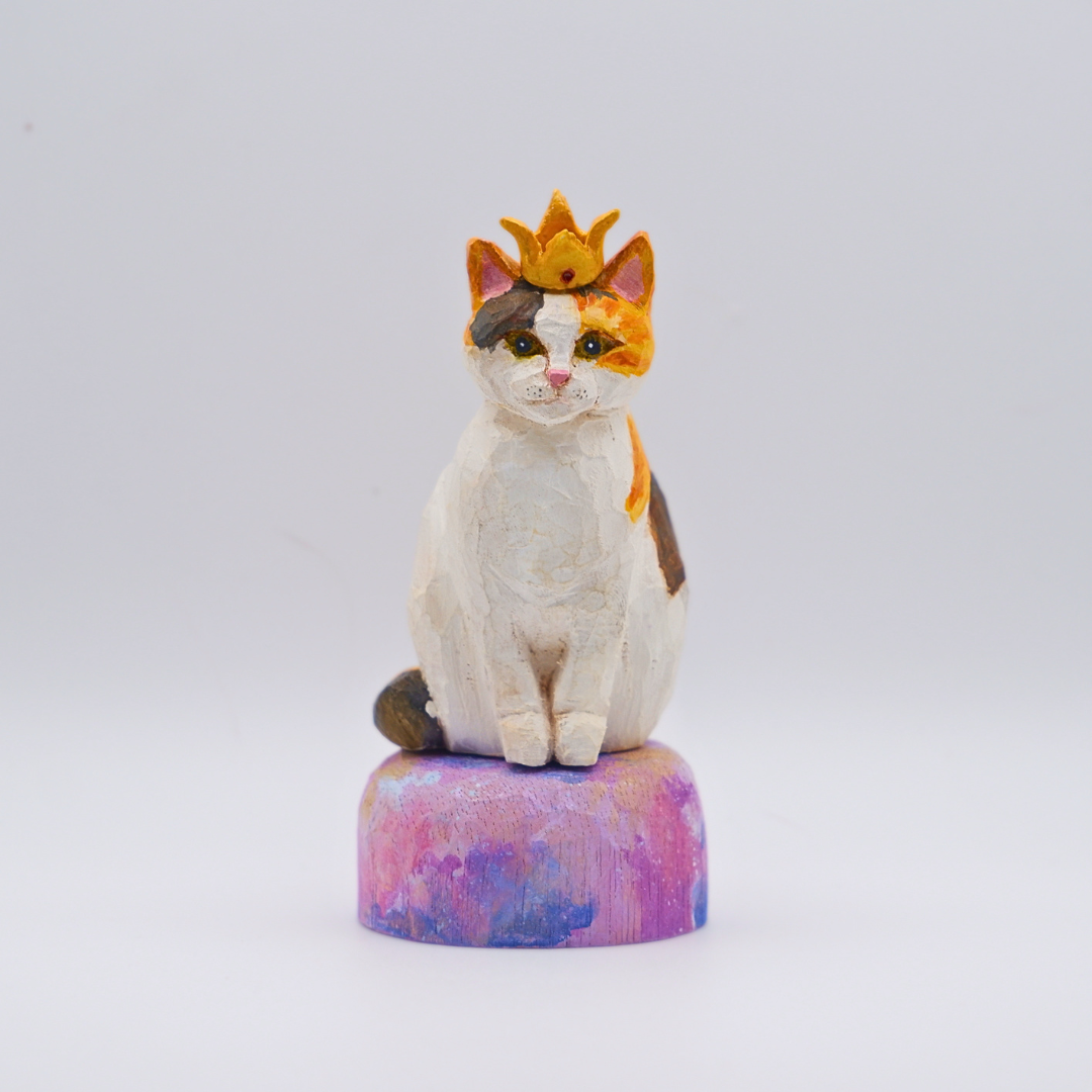 Hand-carved wooden Calico cat figurine with gold crown on painted mercury planet base by anornament