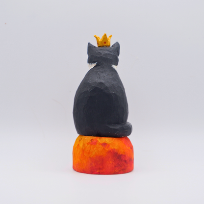 Hand-carved wooden Tuxedo cat figurine with gold crown on painted Mars planet base by anornament