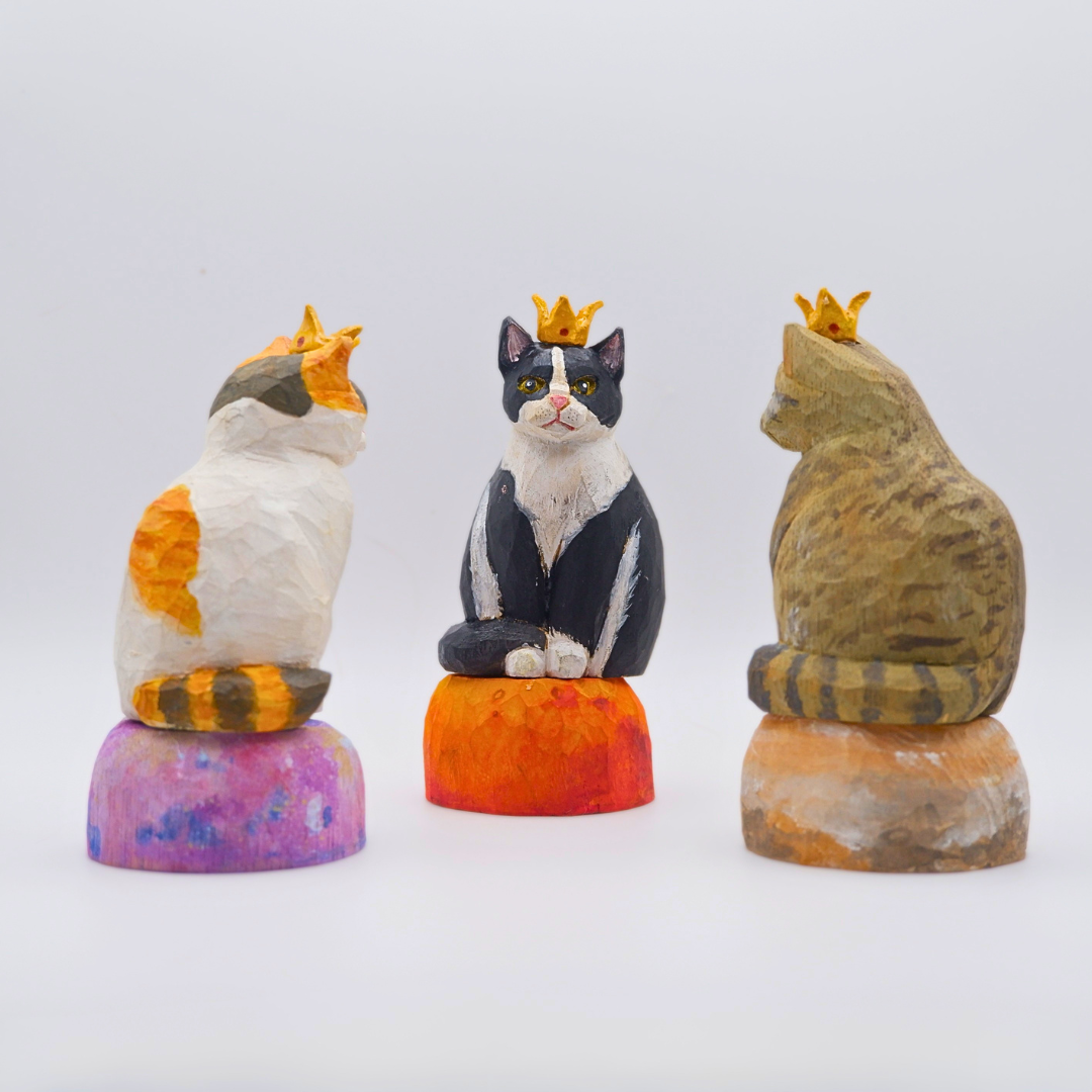 Hand-carved wooden Calico, Tuxedo and Tabby crowned cat figurines on swappable planets by anornament