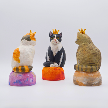Hand-carved wooden Calico, Tuxedo and Tabby crowned cat figurines on swappable planets by anornament