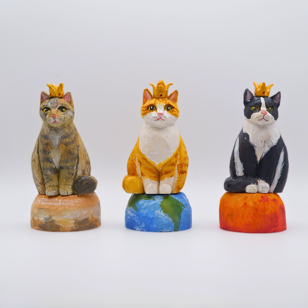 Wooden cat figurines on swappable planet bases — Tabby, Ginger and Tuxedo variants by anornament