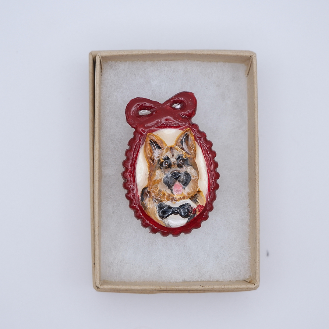 Hand-crafted German Shepherd brooch in red cameo frame by anornament, presented in gift box