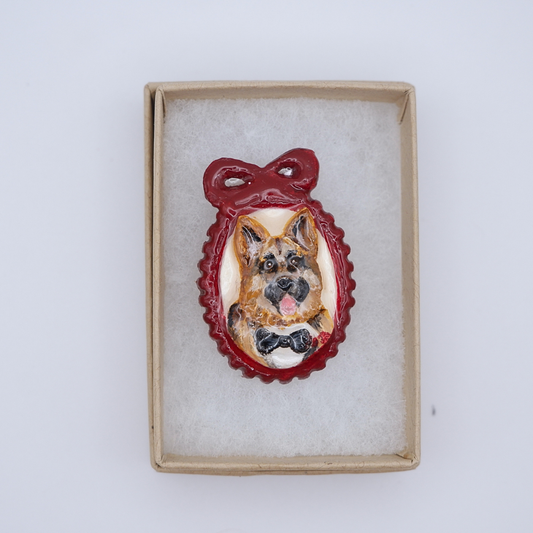 Hand-crafted German Shepherd brooch in red cameo frame by anornament, presented in gift box