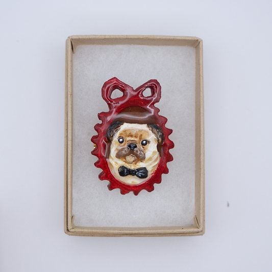 Hand-crafted Pug brooch in red cameo frame by anornament, presented in gift box