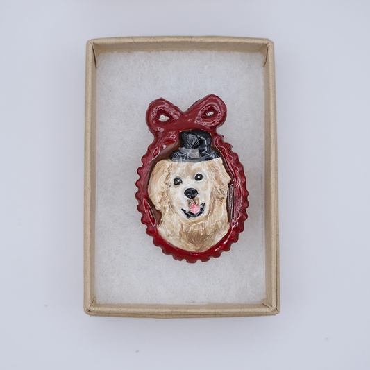 Hand-crafted Golden Retriever brooch in red cameo frame with top hat detail by anornament, in gift box
