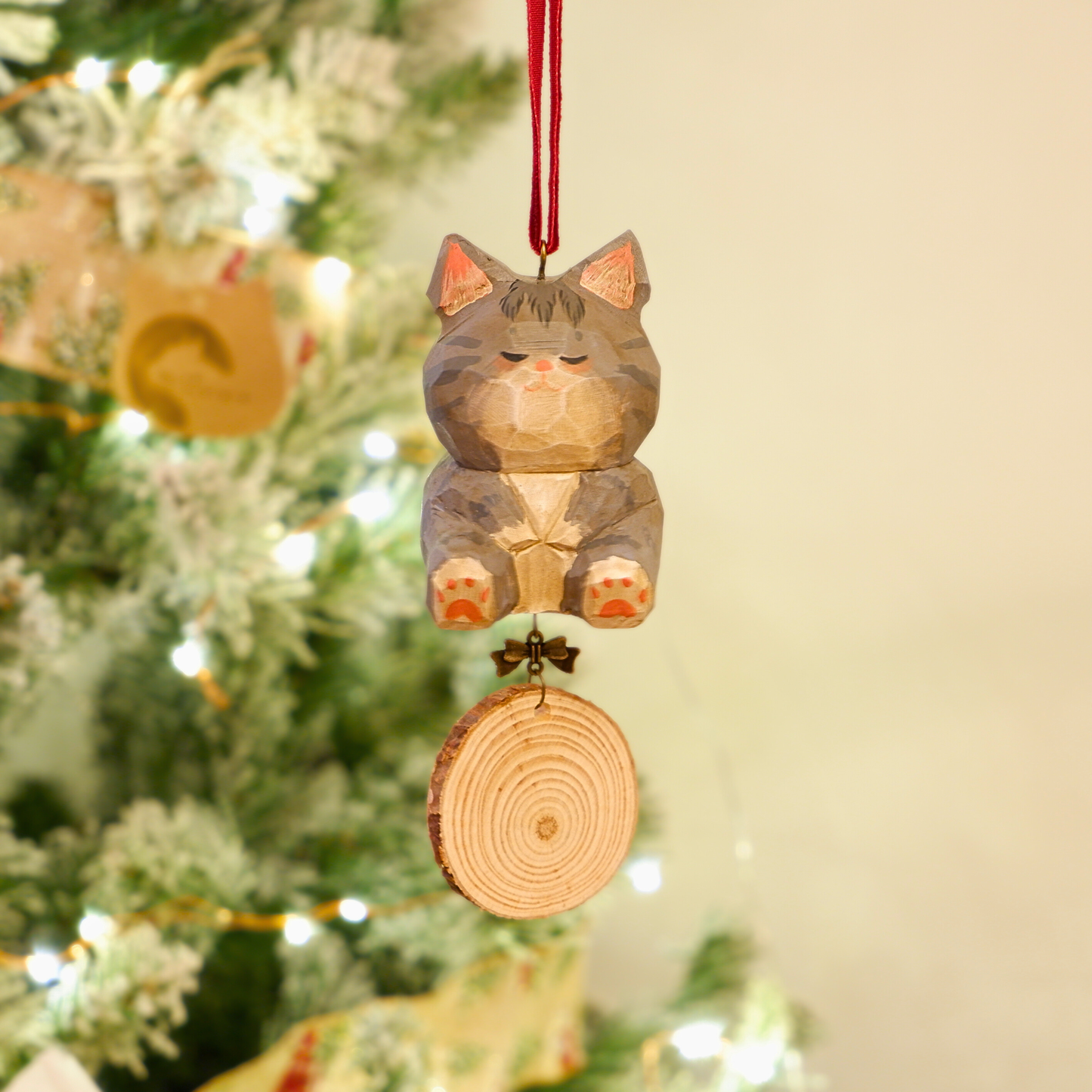 The Quiet Feast - Hand Carved Wooden Ornament with Personalised Wooden Name Tag