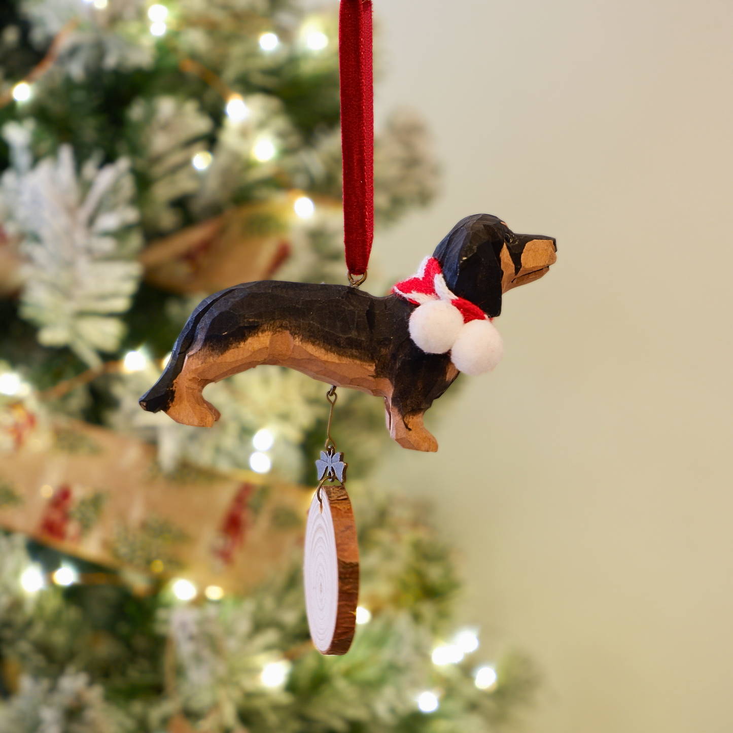 The Merry Barker - Hand Carved Wooden Ornament with Personalised Wooden Name Tag