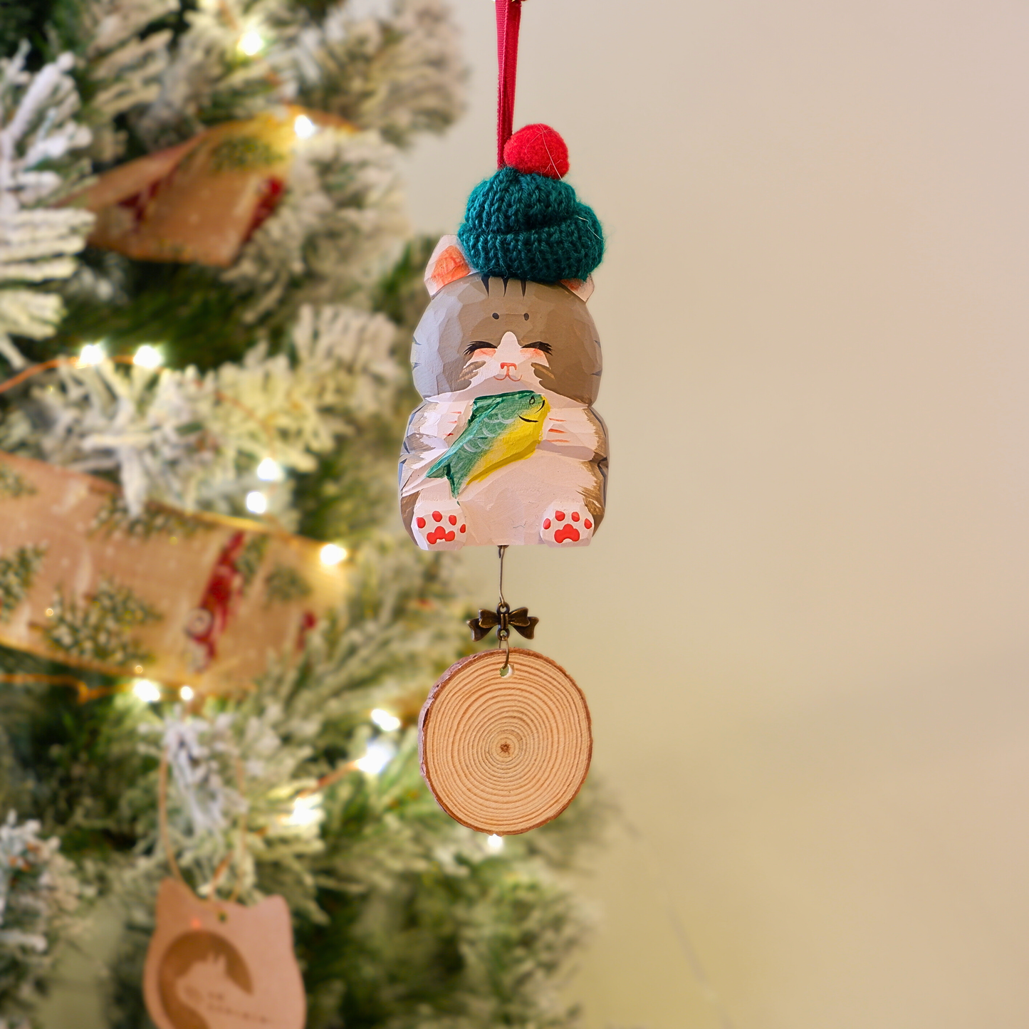 The Quiet Feast - Hand Carved Wooden Ornament with Personalised Wooden Name Tag