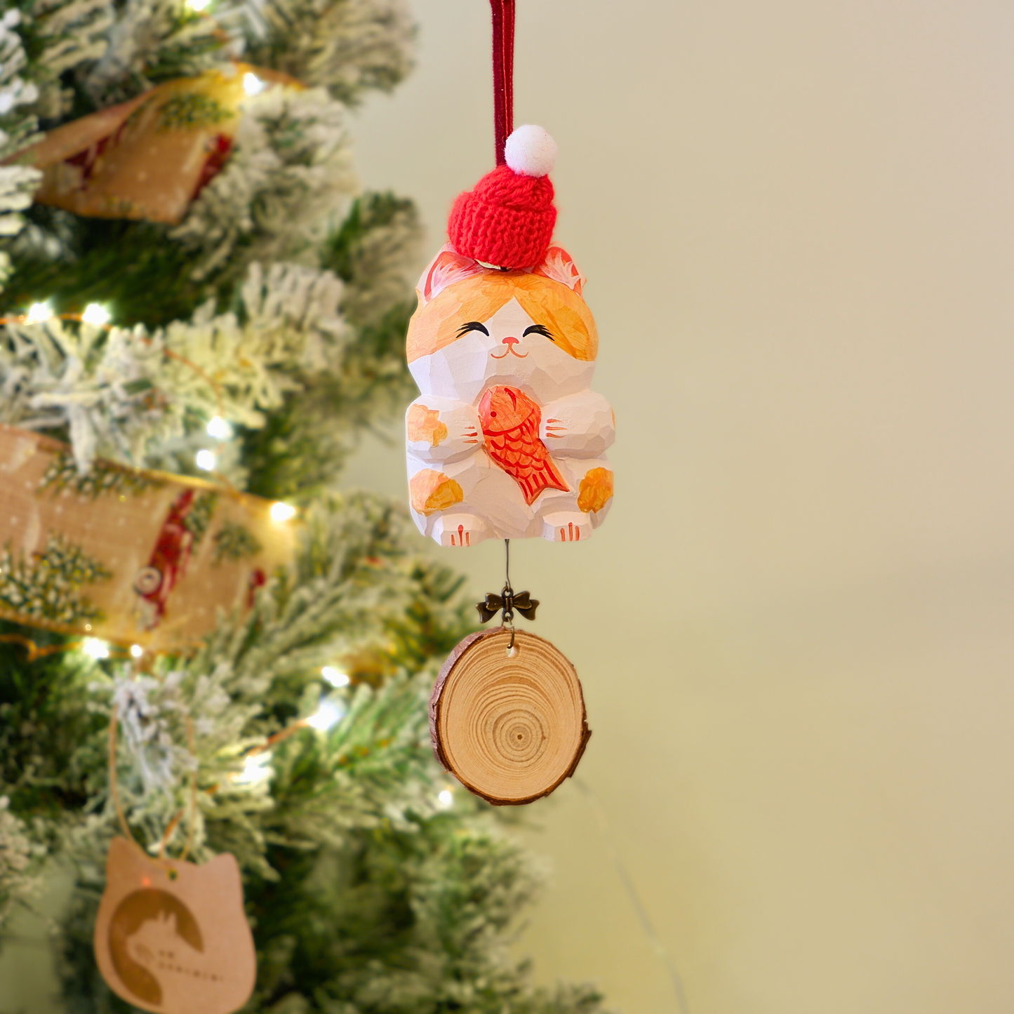 The Quiet Feast - Hand Carved Wooden Ornament with Personalised Wooden Name Tag