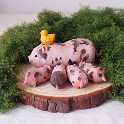 The Snuggle Pigs – Hand-Carved Wooden Family Set (5 Pieces)