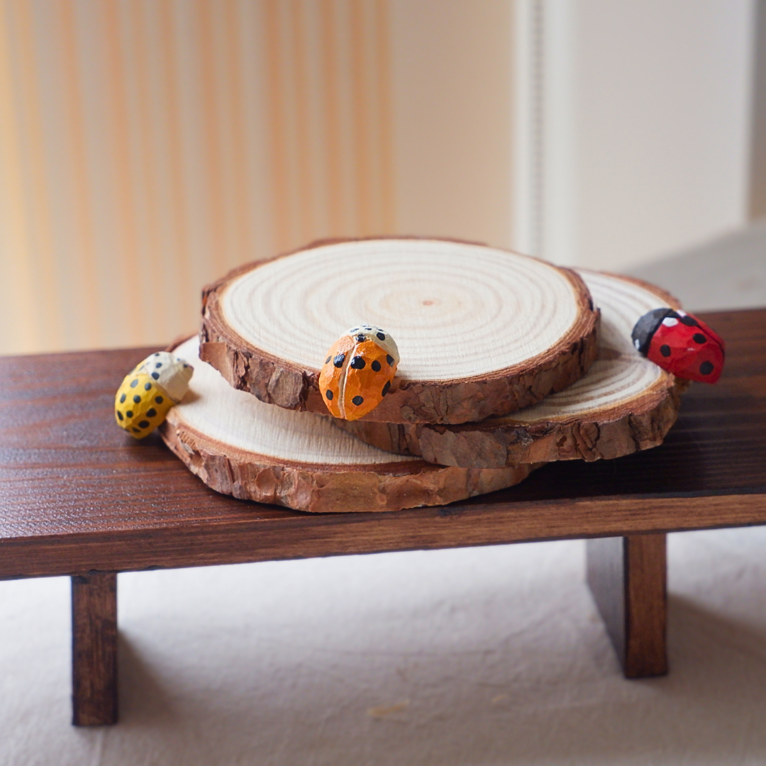 Hand-carved wooden ladybird coasters in red, orange and yellow by anornament