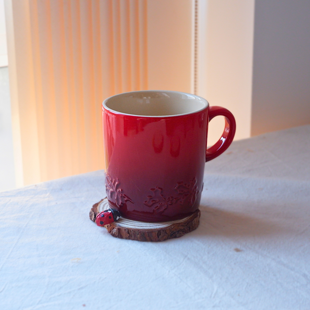 Red ladybug wooden coaster, hand-painted with black spots, anornament