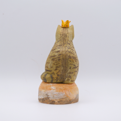 Hand-carved wooden Tabby cat figurine with gold crown on painted Venus planet base by anornament