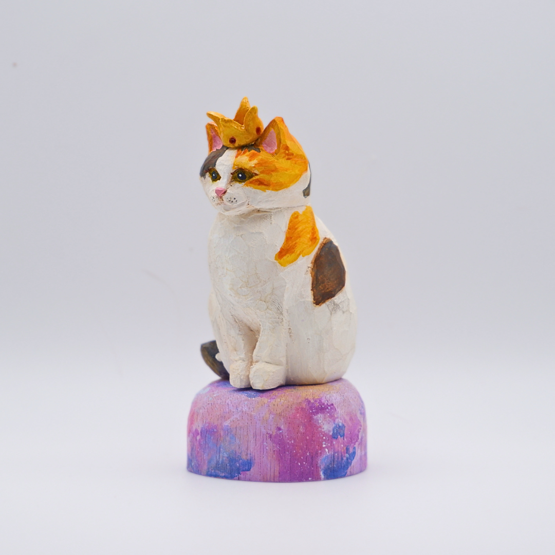 Hand-carved wooden Calico cat figurine with gold crown on painted mercury planet base by anornament